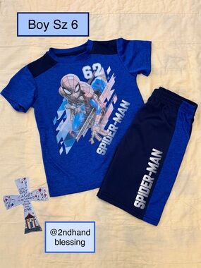 Marvel Spider-Man 62 Shorts Set Boy Sz 6, T-shirt & Shorts, Royal Blue Navy